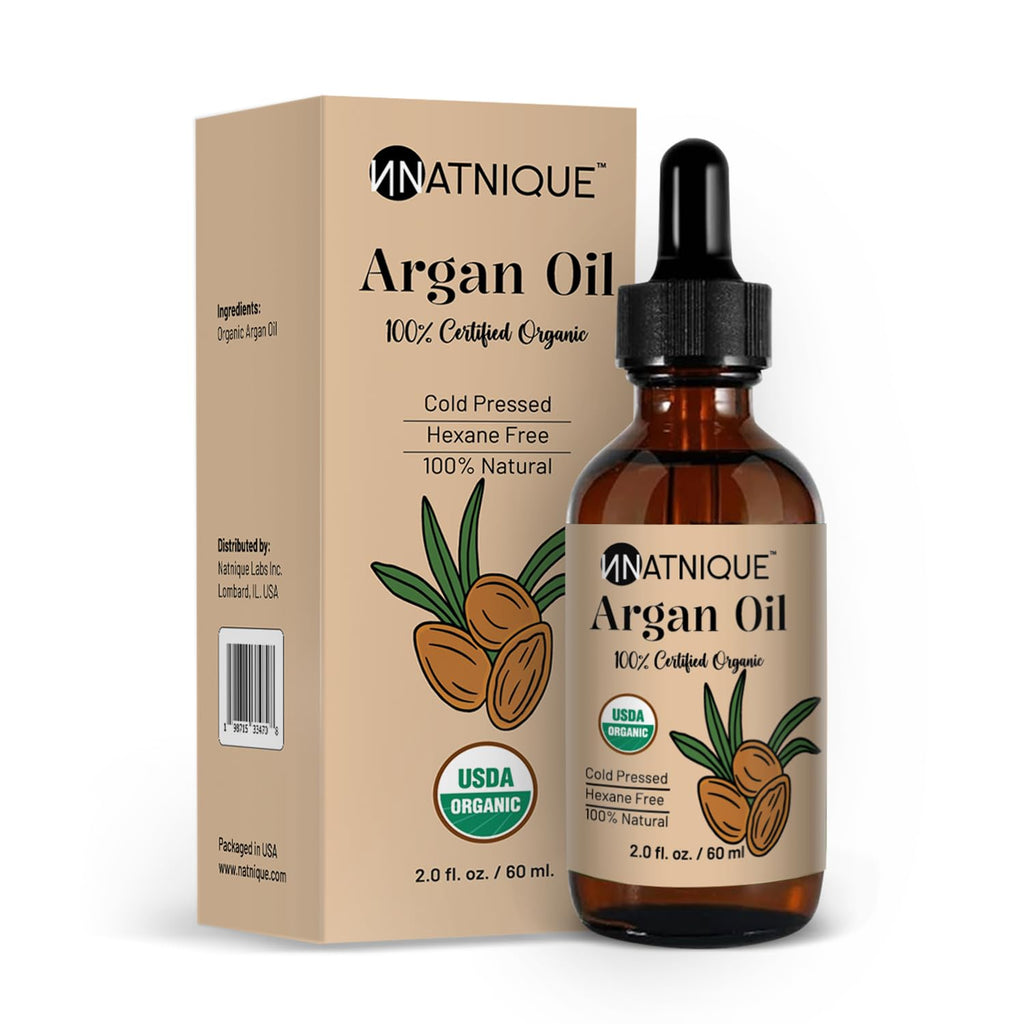 Natnique Argan Oil Organic 2oz 100% Natural USDA Argan Oil for Hair Face Body Scalp & Skin. Promotes Hair Growth Cold Pressed Argan Oil 100% Pure Hexane Free Moisturizer - Men & Women