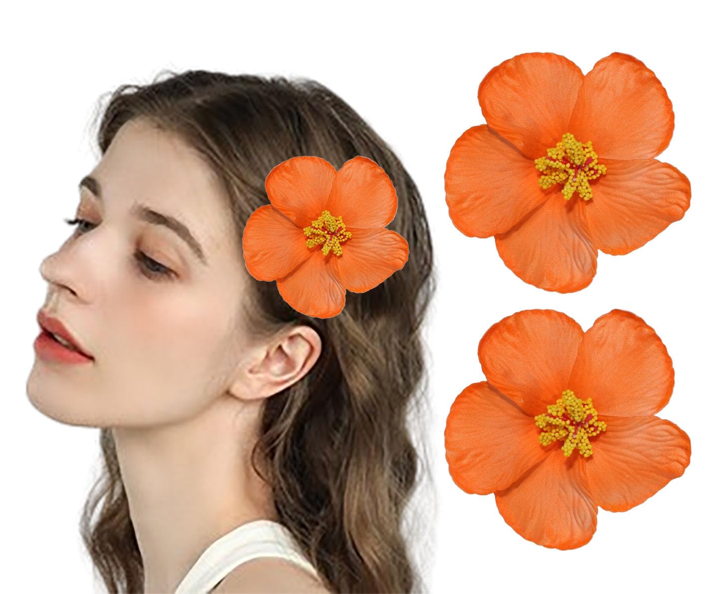 Koolgil Womens Hawaiian Flower Hair Clips Plumeria Hibiscus Hair Clips 3.5 Inch Artificial Flower Hair Barrettes Hair Accessories for Vacation Beach Party (Orange)
