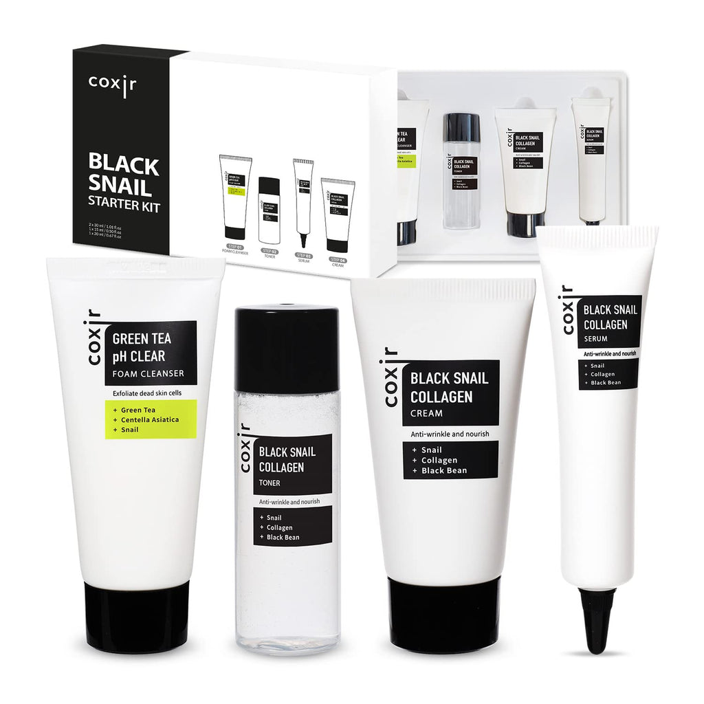 coxir BLACK SNAIL COLLAGEN STARTER KIT l Repairing&Firming | Black-3-Complex: Black Rice Bean Sesame Snail Mucin Collagen FOAM CLEANSER+TONER+SERUM+CREAM [3.19 fl.oz (Pack of 1)]