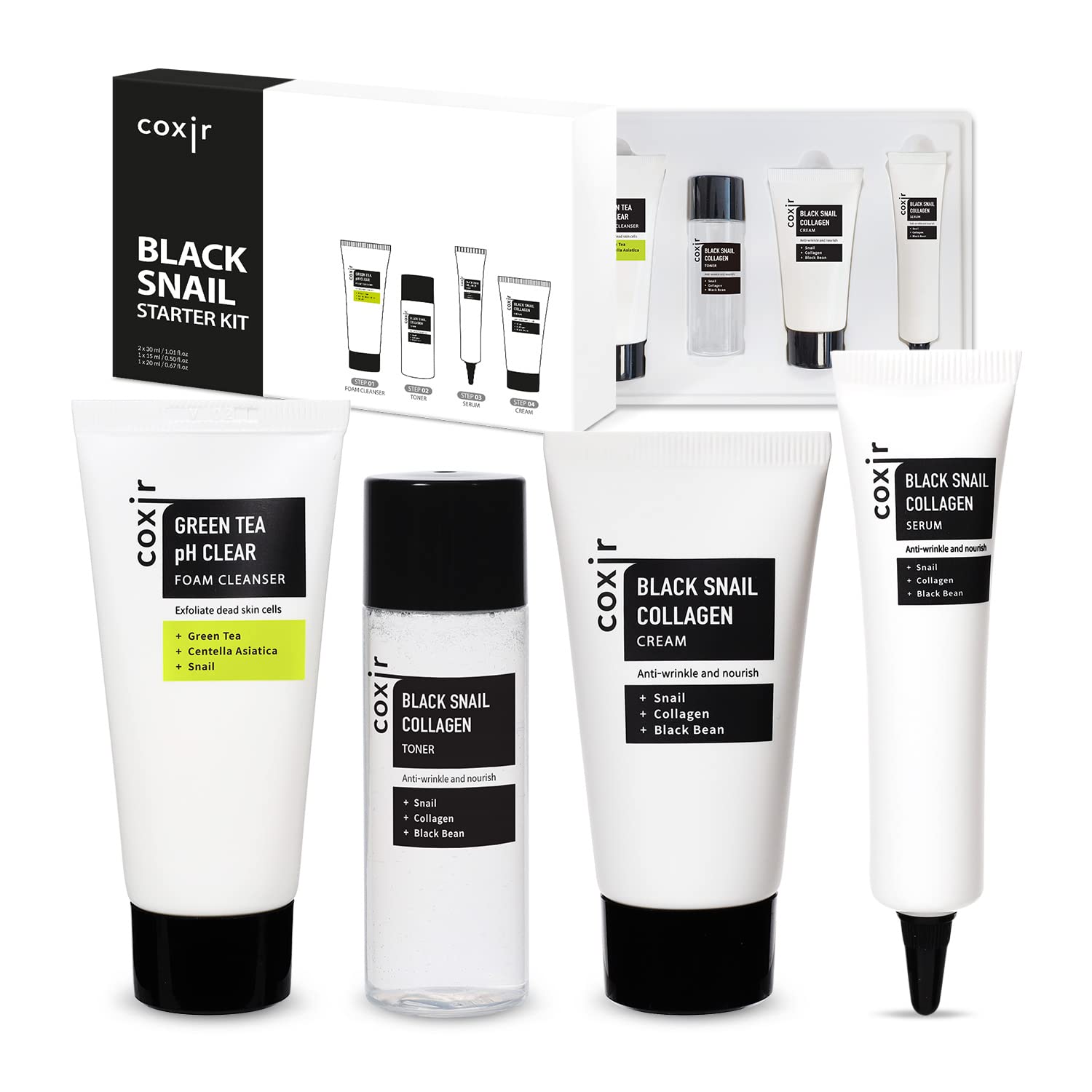 coxir BLACK SNAIL COLLAGEN STARTER KIT l Repairing&Firming | Black-3-Complex: Black Rice Bean Sesame Snail Mucin Collagen FOAM CLEANSER+TONER+SERUM+CREAM [3.19 fl.oz (Pack of 1)]