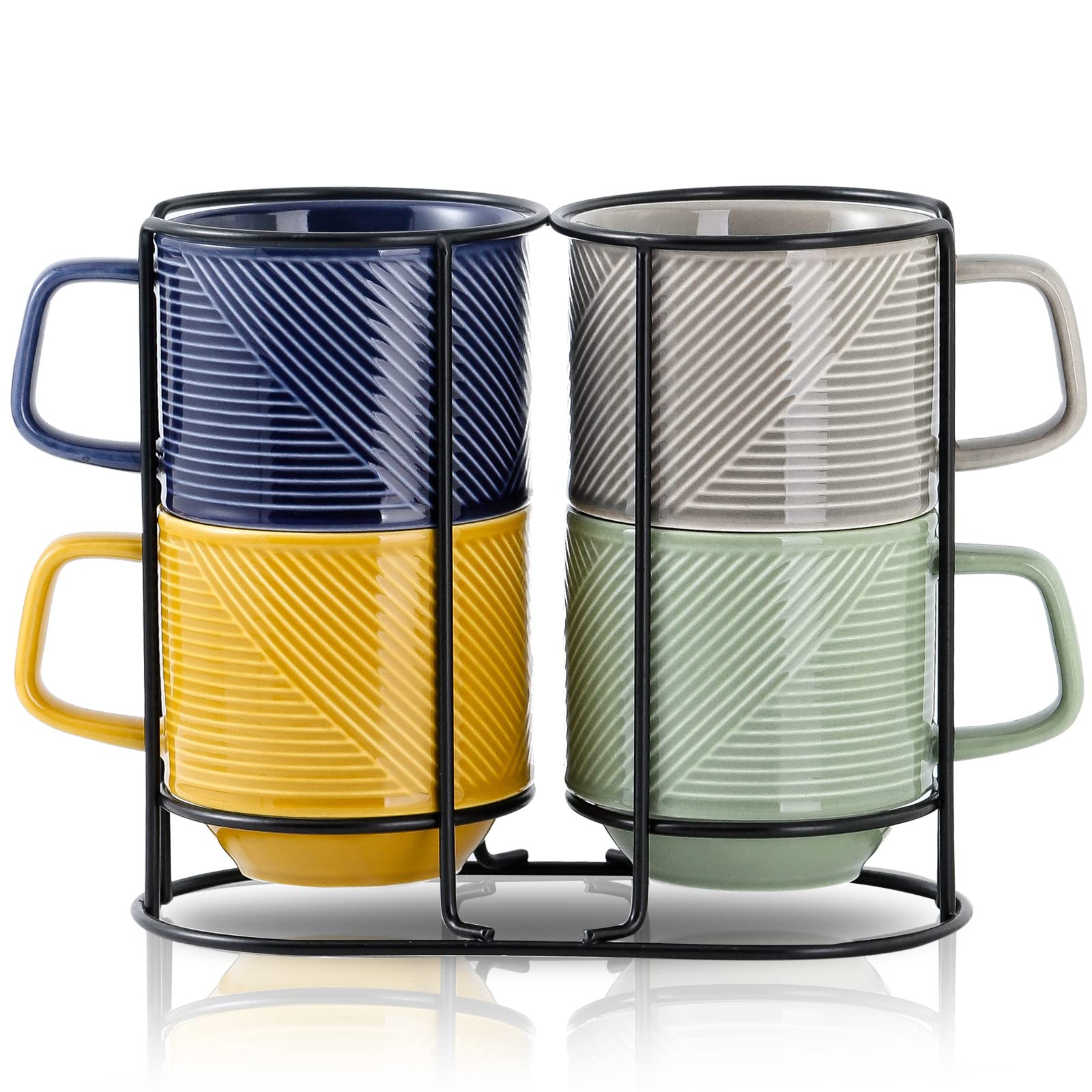 Adewnest Stackable Coffee Mugs with Rack: 13 oz Stacking Ceramic Cups with Stand for Home & Office- Porcelain Stacked Tea Mug Set of 4