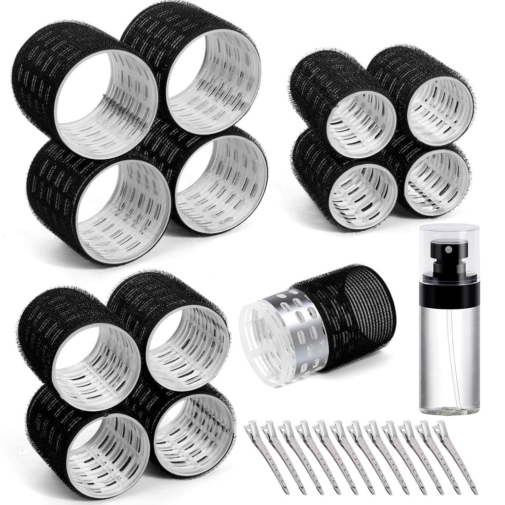 Hair Rollers Set 25 PCS PandyCare Thermal Hair Rollers For Long & Short Hair Velcro Hair rollers Rollers Hair Curlers with 12 Self Grip Black Rollers 12 Clips Spray Bottle