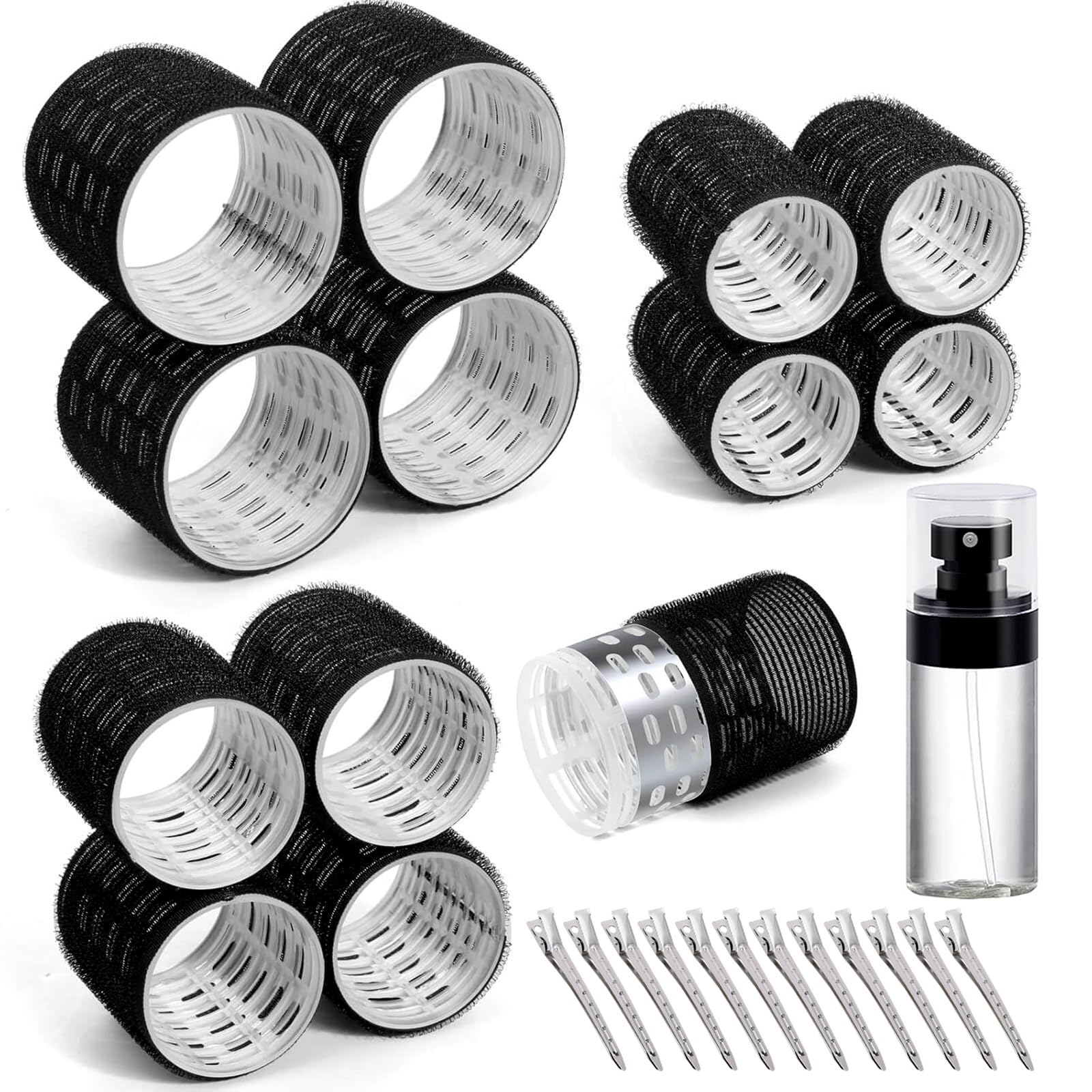 Hair Rollers Set 25 PCS PandyCare Thermal Hair Rollers For Long & Short Hair Velcro Hair rollers Rollers Hair Curlers with 12 Self Grip Black Rollers 12 Clips Spray Bottle