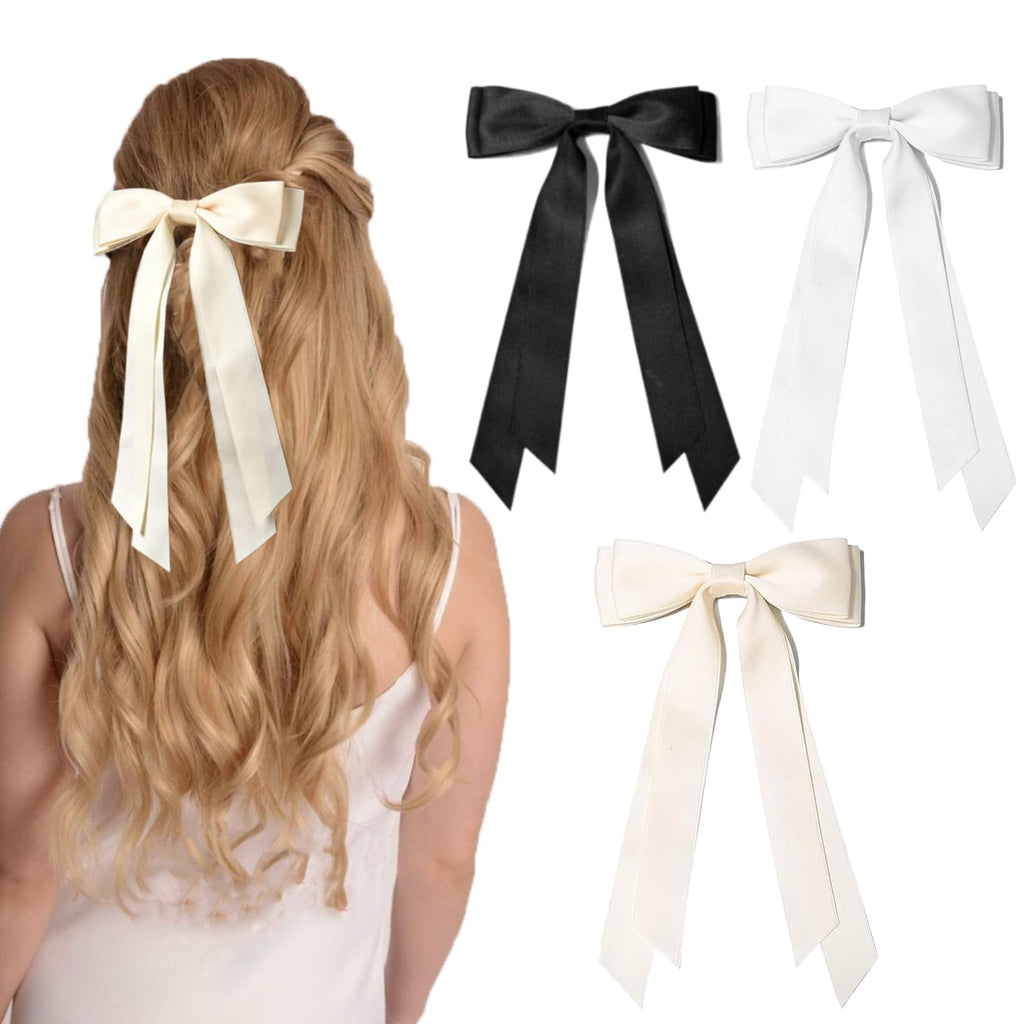 3PCS Hair Bows Hair Clips RSWETE Stain Bow Hair Ribbon for Women Girls French Barrette Ponytail Bow Clip Hair Accessories Elegant Cute (White & Black & Beige)
