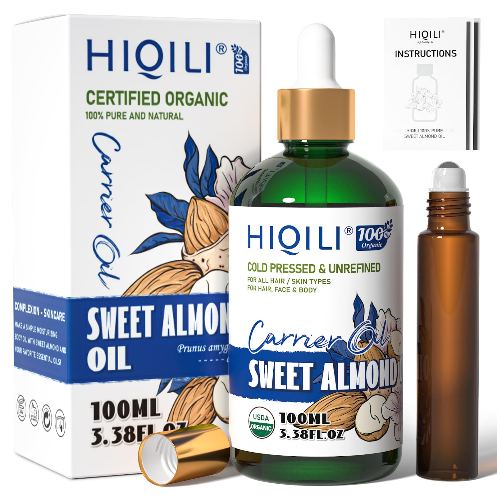 HIQILI Sweet Almond Oil Skin Hair Care 100% Pure Organic Carrier Oil Hexane Free Unscented - 3.38 Fl Oz