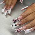 24 Pcs French Tip Press on Nails Long Thick Fake Nails Duck Nails Press ons Cute False Nails with Bow Butterfly Pattern Designs Rhinestone Glue on Nails Glossy Full Cover Stick on Nails for Women