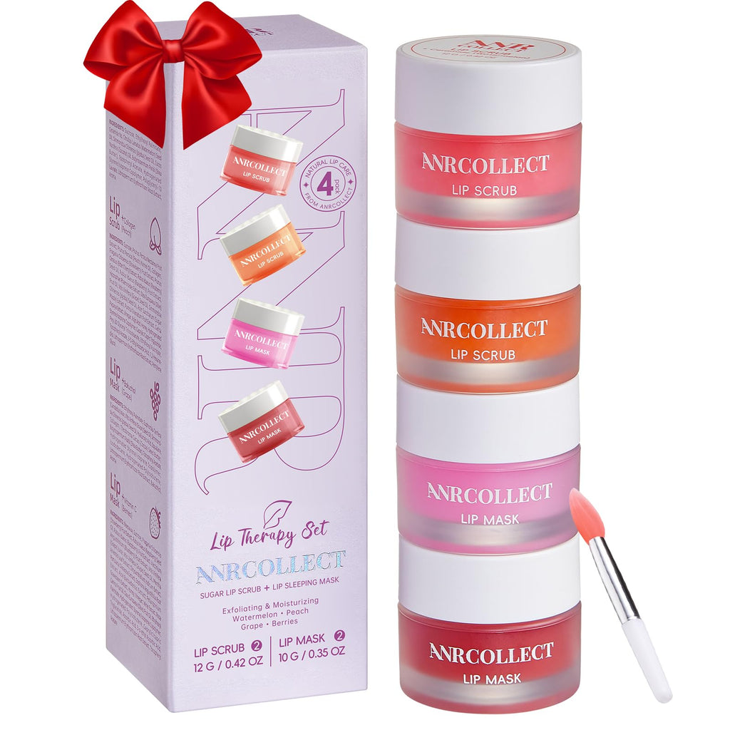 ANRCOLLECT Lip Scrub & Lip Mask - Overnight Treatment Lip Care Kits with 2 Lip Exfoliator & 2 Sleeping Lip Balm Intense Hydration Lip Set for Dry Chapped Cracked Lips Exfoliate & Moisturize (4 Pack)