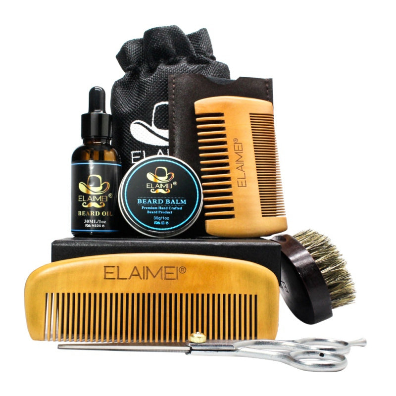 ELAIMEI Beard Care Tool Set with Comb and Oil (6 Pcs)