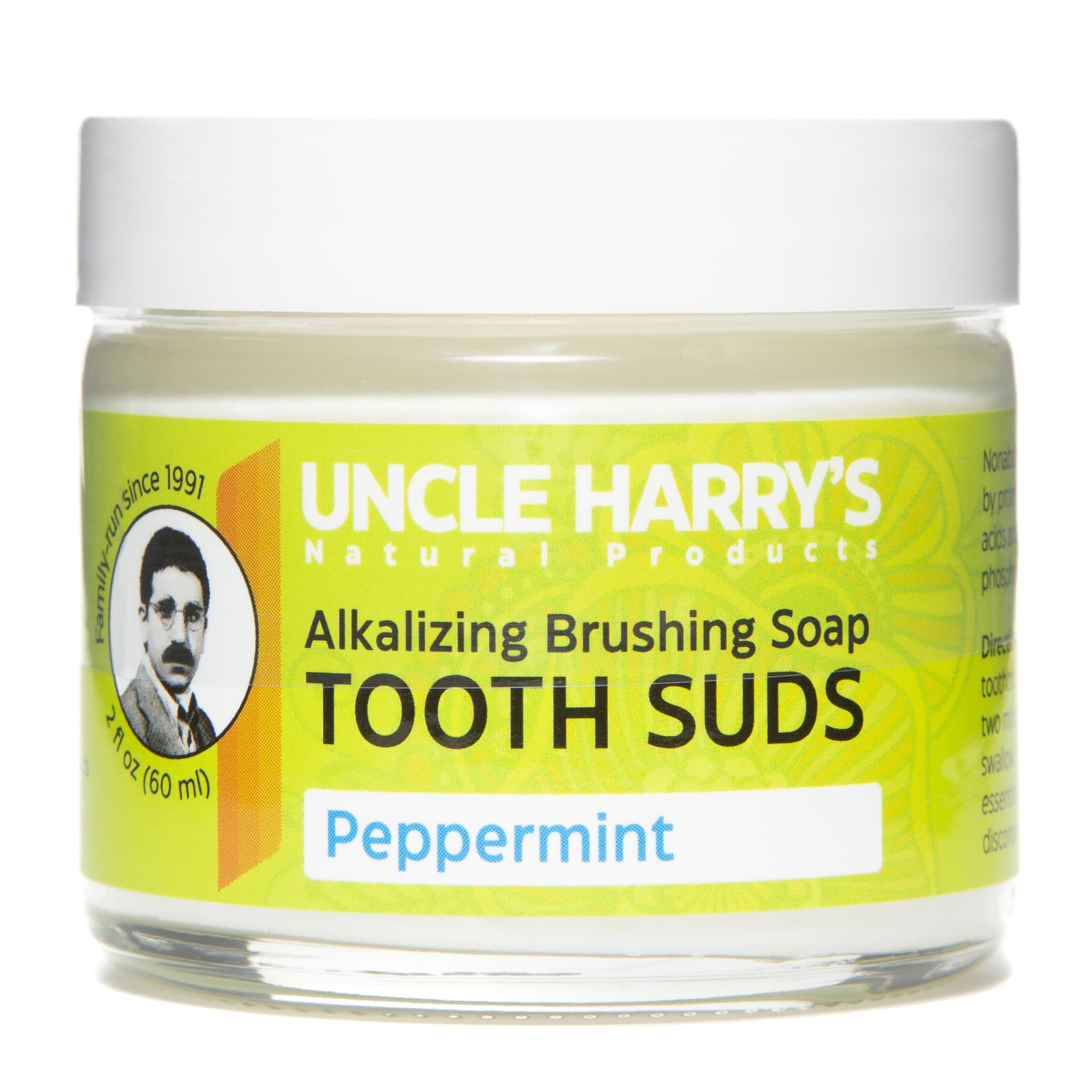 Uncle Harry’s Natural Products Alkalizing Nonabrasive Brushing Soap Tooth Suds Peppermint Remineralizes Tooth Enamel and Promotes Alkaline pH Fluoride Free and Vegan 2 Ounce Glass Jar