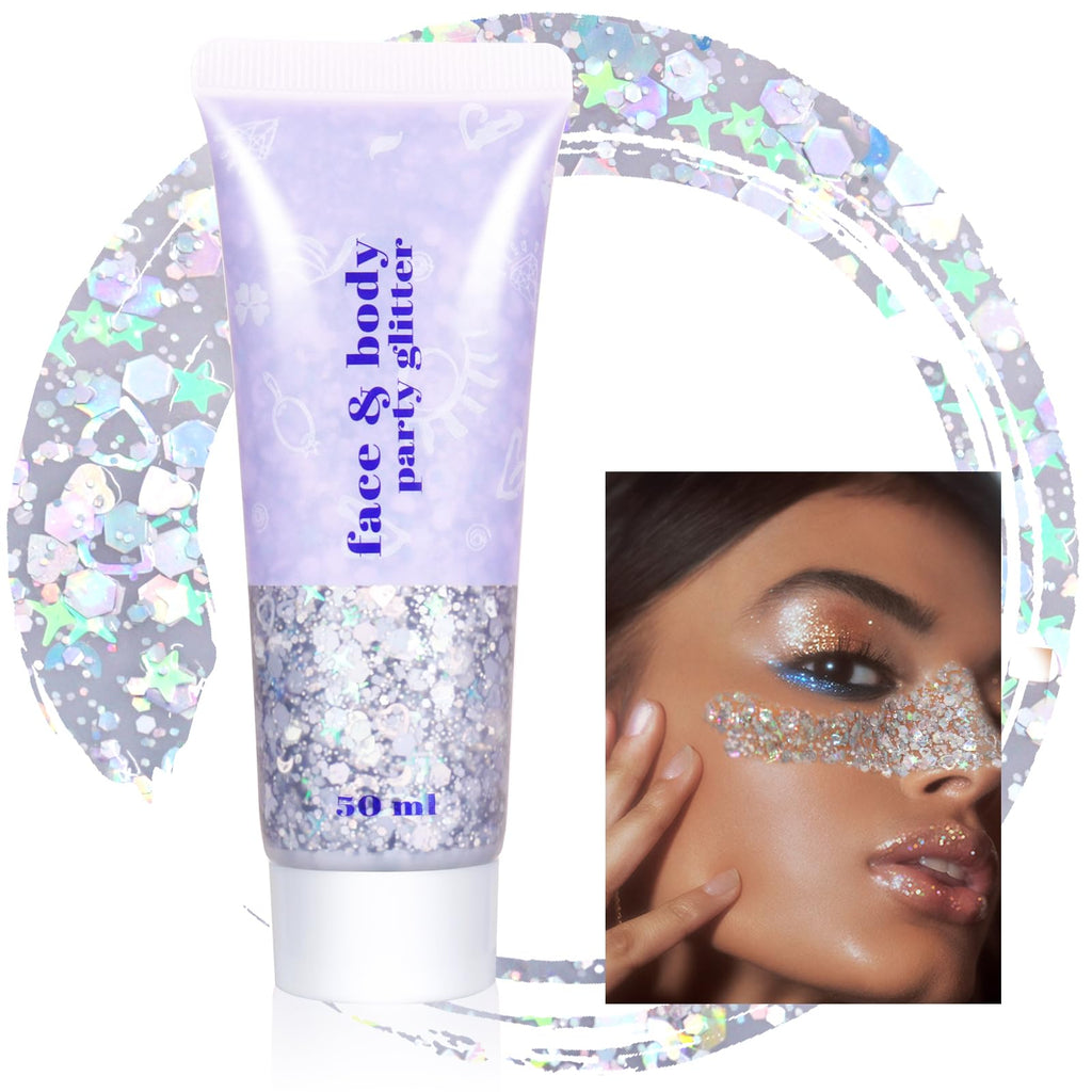 Boko 50ML Body Glitter Gel Holographic Silver Chunky Glitter Gel for Face Hair Body Sparkle Makeup Mermaid Face Glitter Sequins for Christmas Festival Concert Party Event Rave Accessories