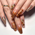 Coffin Press on Nails Medium Fake Nails Brown Glue on Nails Maple Leaves Glitter Sequins Lines Design False Nails Press ons Glossy Acrylic Nails Artificial Stick on Nails for Women Girls 24Pcs