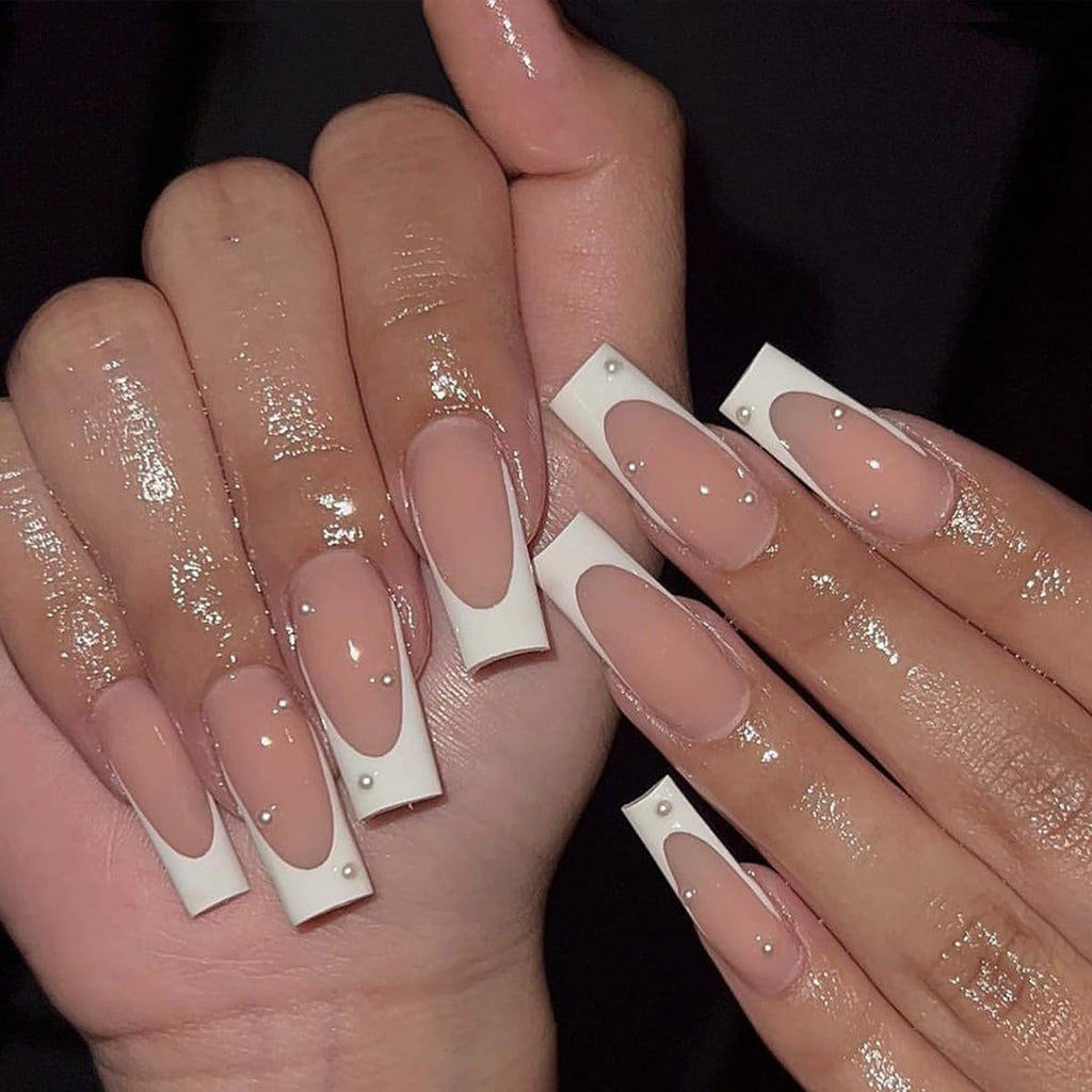 AkiliBIELY French Tip Press on Nails Short Square White Pink Fake Nails Pearl Women Fantasy Glue on Nails Acrylic Gel Stick on Nails For Cute False Nails Wedding Birthday