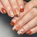 Halloween Glitter Flowers Press on Nails Short Square Acrylic Fake Nails Pumpkin Little Ghost Designs Orange Glossy Full Cover Reusable Acrylic Nails Glue on Nails Halloween Stick on Nails for Women