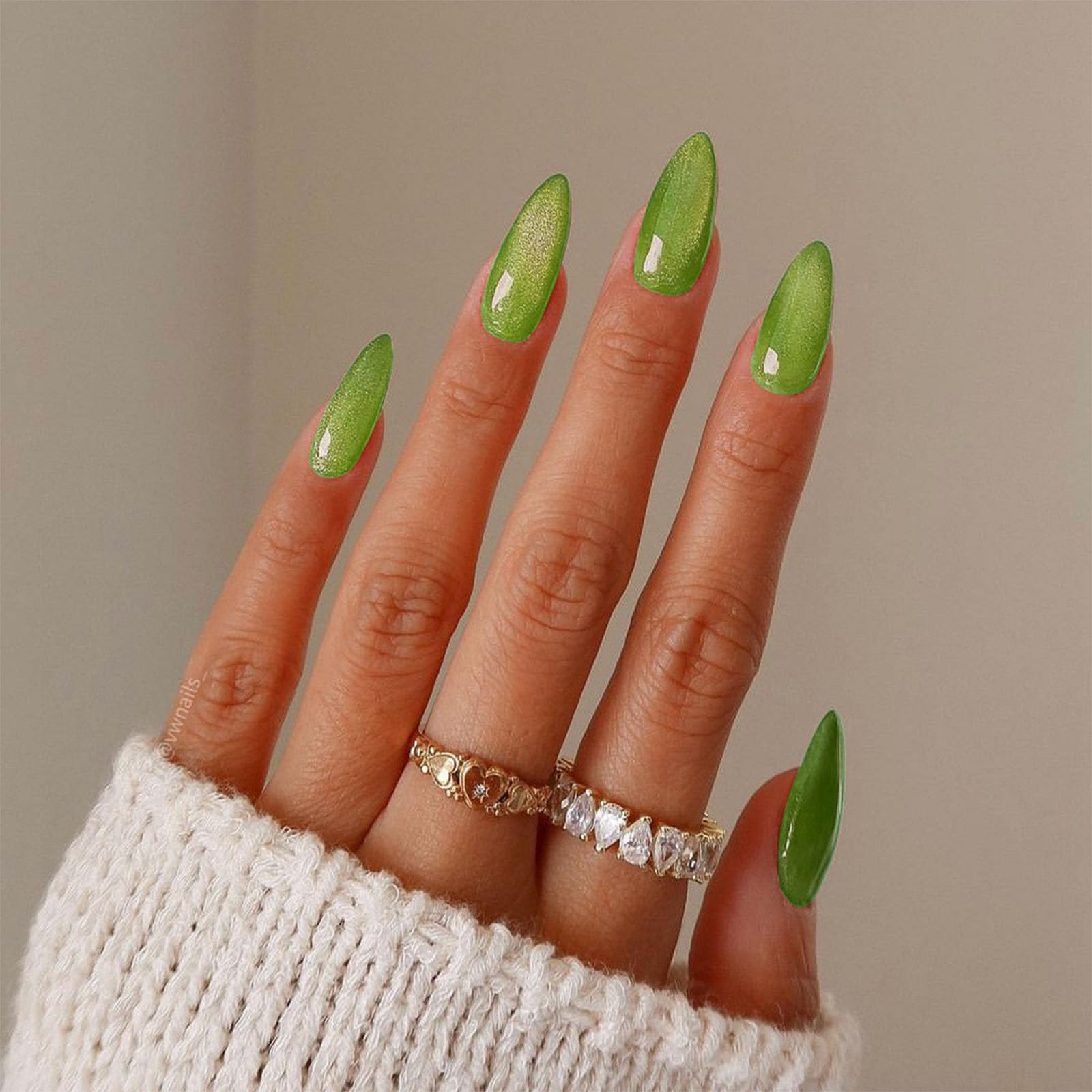 Cat Eye Press on Nails Medium Almond Green Fake Nails Acrylic Glue on Nails with Silver Glitter Designs Full Cover Faux Nails Press ons for Women Daily Wear 24 Pcs