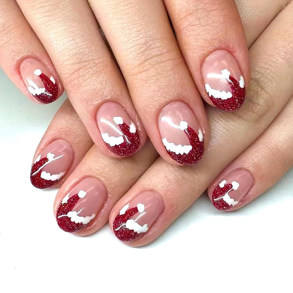 Christmas Press On Nails Short Oval Fake Nails Nude Pink False Nails With Red Tip Designs Acrylic French Tip Nails Press Ons Christmas Glue On Nails Short Full Cover Stick On Nails For Women