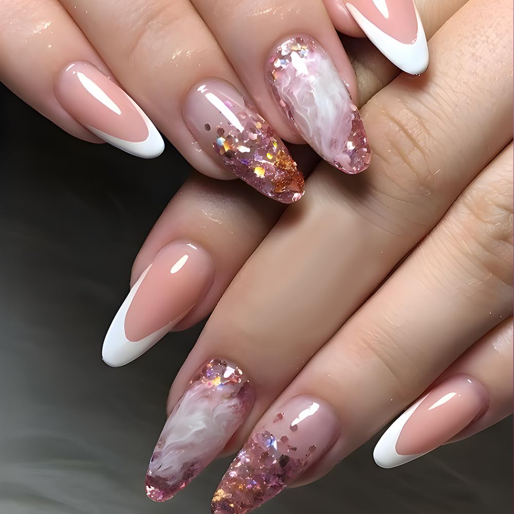 Almond Press on Nails Medium Marble Fake Nails Pink Shiny Acrylic Nails French Tips Press on Nails Glitter Glue on Nails Ombre False Nails Stick on Nails Artificial for Women 24Pcs