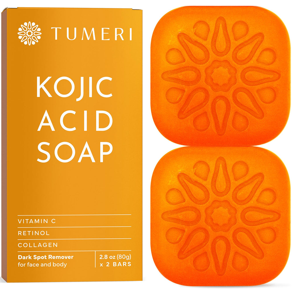 TUMERI Kojic Acid Soap Bars - Dark Spot Remover for Face and Body Skin Care - Kojic Acid and Turmeric Soap Bar with Vitamin C & E Hyaluronic Acid to Moisturize Skin - 2.8 oz (Pack of 2)
