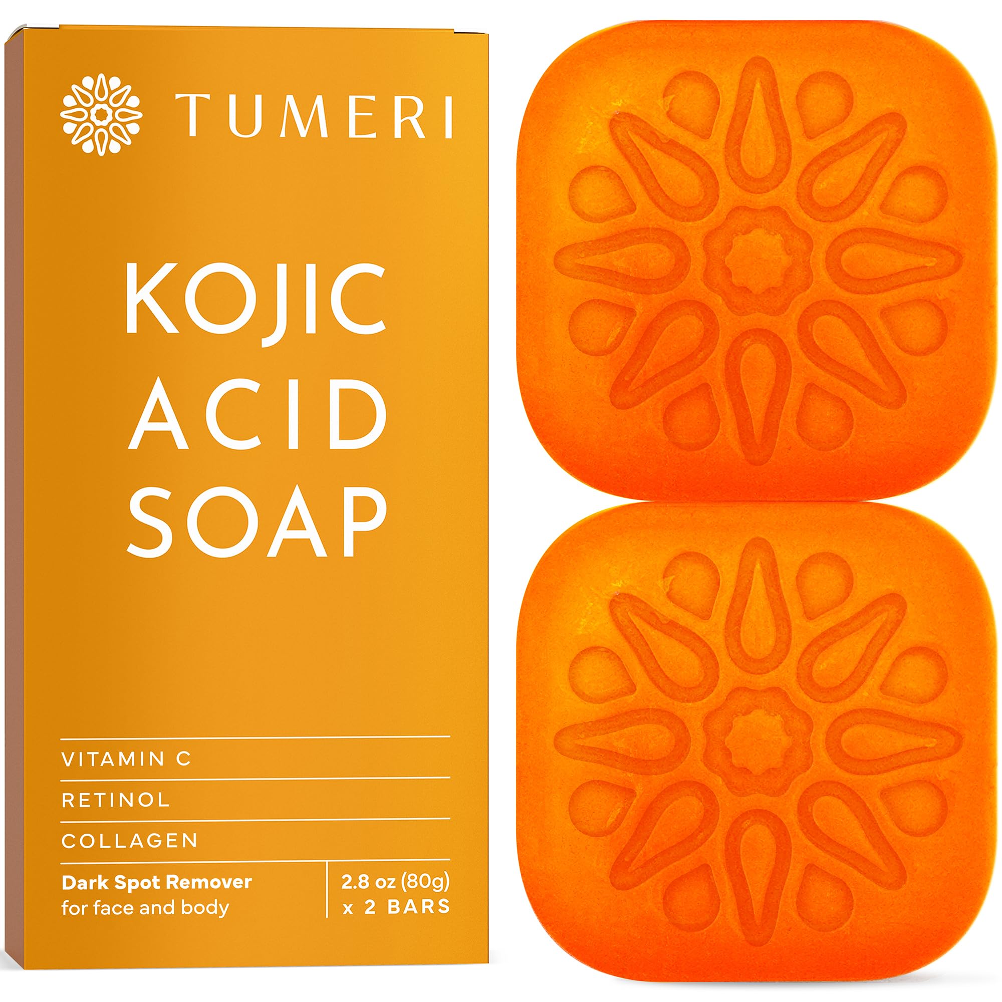 TUMERI Kojic Acid Soap Bars - Dark Spot Remover for Face and Body Skin Care - Kojic Acid and Turmeric Soap Bar with Vitamin C & E Hyaluronic Acid to Moisturize Skin - 2.8 oz (Pack of 2)