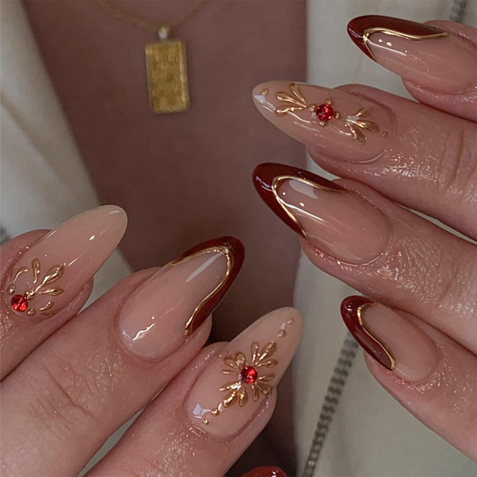 Almond Press on Nails Wine Red French Tip Fake Nails 3D Gold Sun Acrylic Nails with Rhinestone Artificial Nails Medium False Nails Glossy Glue on Nails for Women Manicure 24Pcs