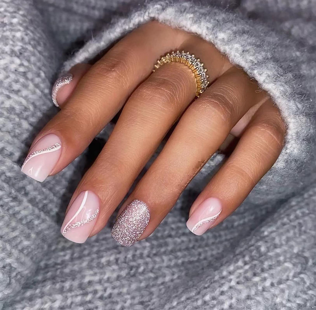 Press on Nails Medium Square Fake Nails Full Cover False Nails with White Swirl Designs Glossy Glitter Stick on Nails Artificial Acrylic Nails for Women Girls 24 Pcs