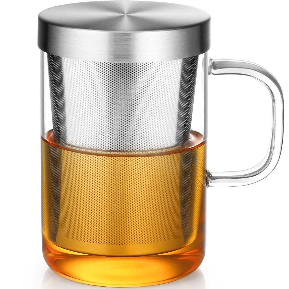 ecooe 16.9 Oz Borosilicate Glass Tea Mug Cup Tea Glasses with Stainless Steel Infuser & Lid Loose Leaf Glass Tea Cup Teacup 500mL(Full Capacity)