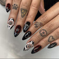 24Pcs Medium Press on Nails Almond Shaped Fake Nails Dark Black Cow Design False Nails 3D Star Heart Stick on Nails Glossy Acrylic Artificial Nails Reusable Glue on Nails for Women Girls