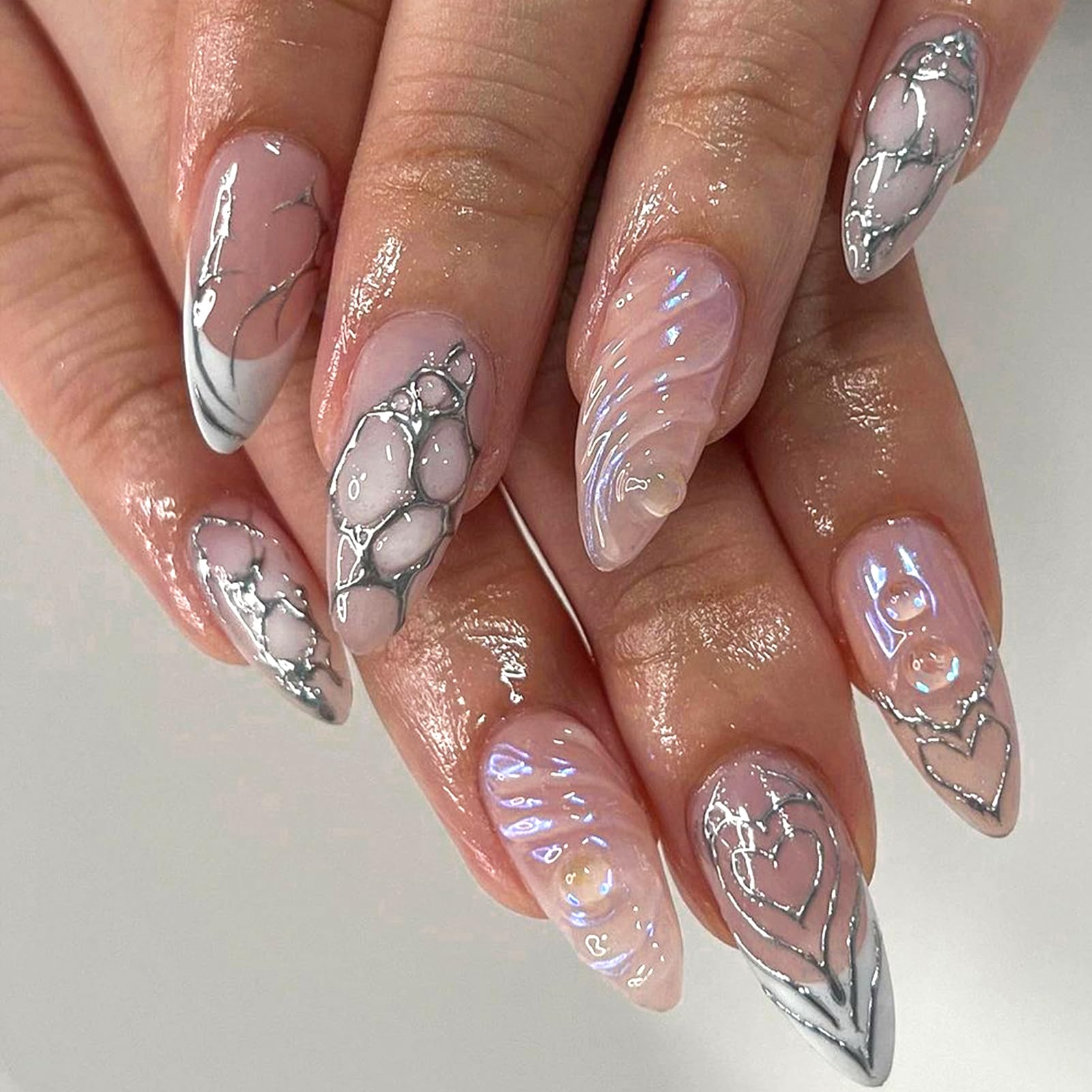 24Pcs Almond Press On Nails，Almond Shaped Press On Nails，Almond Nails Press On Long Almond Nails Thick Fake Nails with 3D Stereoscopic Water Ripples Designs Artificial Nails Stick on Nails For Women