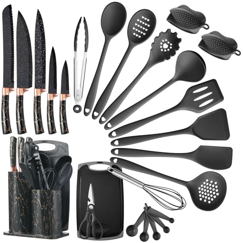 LSFCHUJU 25 PCS Kitchen Utensils Set Silicone Cooking Utensils Set with Kitchen Knife Set and Holder Silicone Handle Kitchen Tool Set - Kitchenware Set(Rose Gold Black)