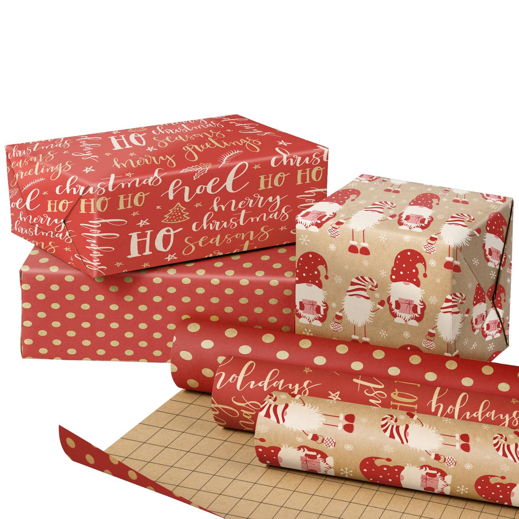 RUSPEPA Christmas Kraft Wrapping Paper Roll - Mini Roll - 17 inches x 10 feet per Roll Total of 3 Rolls - Red Gnome Text and Dot