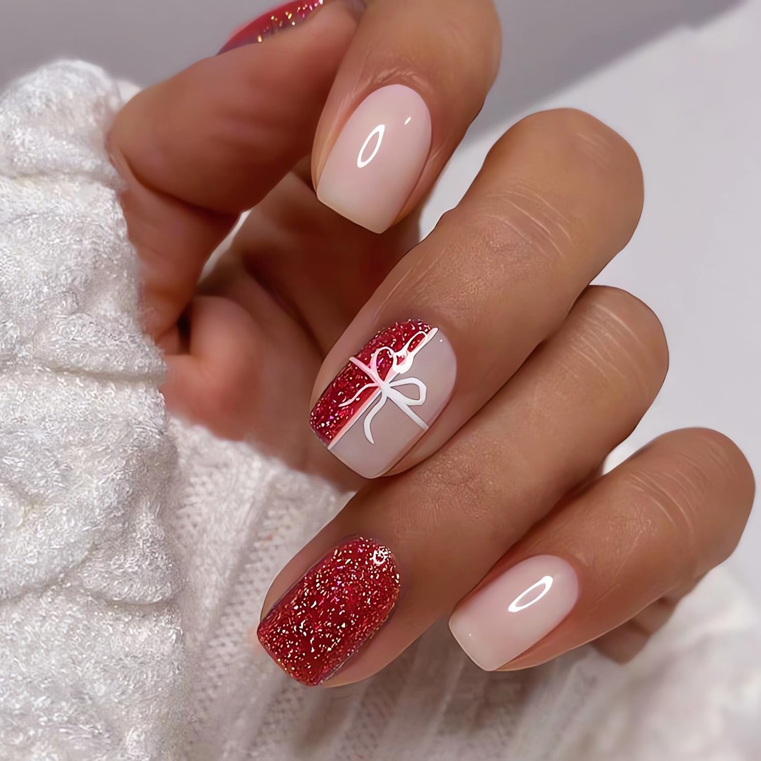 Short Press on Nails Square Shape Fake Nails Glitter Red False Nails with Gift Box Designs Christmas Atmosphere Glue on Nails Short Acrylic Nails Glossy Stick on Nails for Women 24pcs