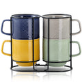 Adewnest Stackable Coffee Mugs with Rack: 13 oz Stacking Ceramic Cups with Stand for Home & Office- Porcelain Stacked Tea Mug Set of 4