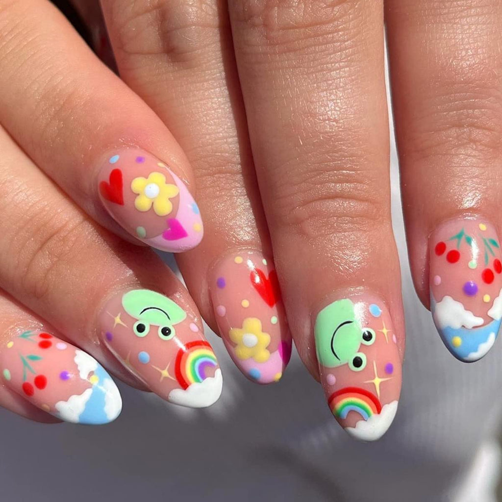Summer Rainbow Press on Nails Medium Almond Fake Nails with Cherry Flower Frog Rainbow Sky Design Stick on Nails Acrylic Cartoon False Nails Glue on Nails for Women and Girls 24Pcs
