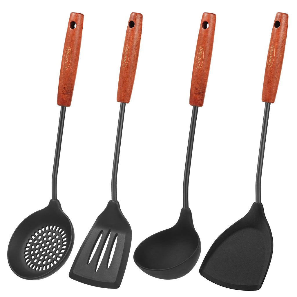 FJNATINH Silicone Wok SpatulaSlotted SpatulasLadleSkimmer Ladle Tool SetNon Stick Heat-Resistant Stainless Steel Cooking Utensils BPA Free Kitchen Utensils Cookware Pack of 4Black