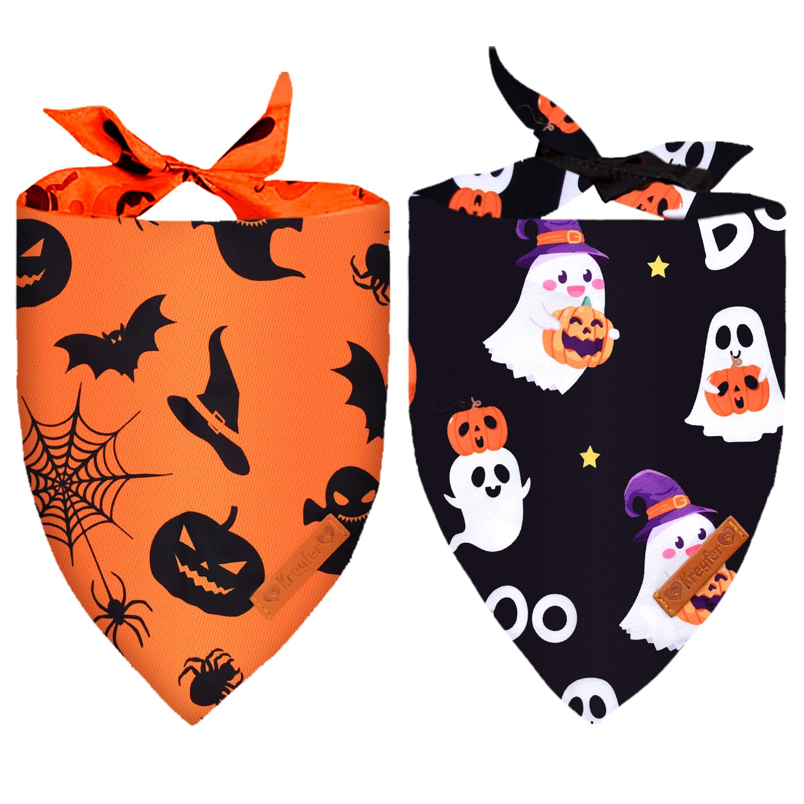 2 Pieces Halloween Dog Bandanas Double-Sided Reversible Triangle Scarf Cute Ghost and Pumpkin Design Spooky Cat and Spider Pattern Halloween Pet Costume Accessories for Dogs and Cats (Large)