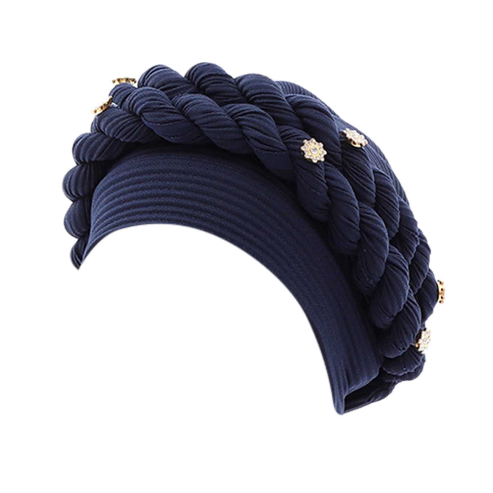 African Turban Head Wraps for Black Women Braided Twisted Turbans Hats Stretchy Cancer Chemo Muslim (Navy-3 One Size)