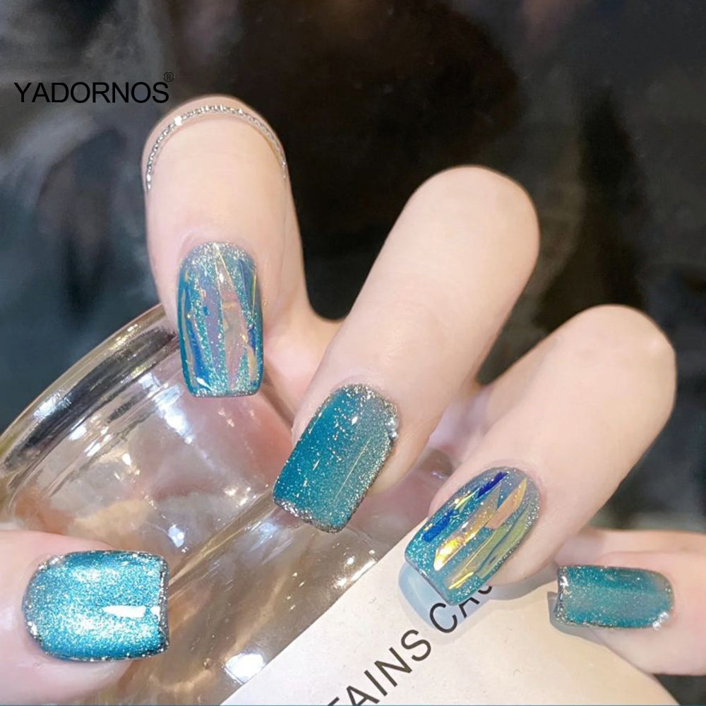 Aquamarine Glazed Cat Eye Full Coverage Press-on Nails