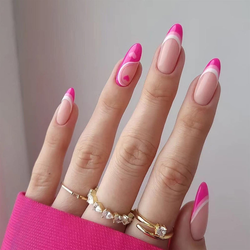 SINHOT Almond Press on Nails Medium Glossy Fake Nails Red French Stiletto False Nails with Heart Print Acrylic Nails for Women and Girls