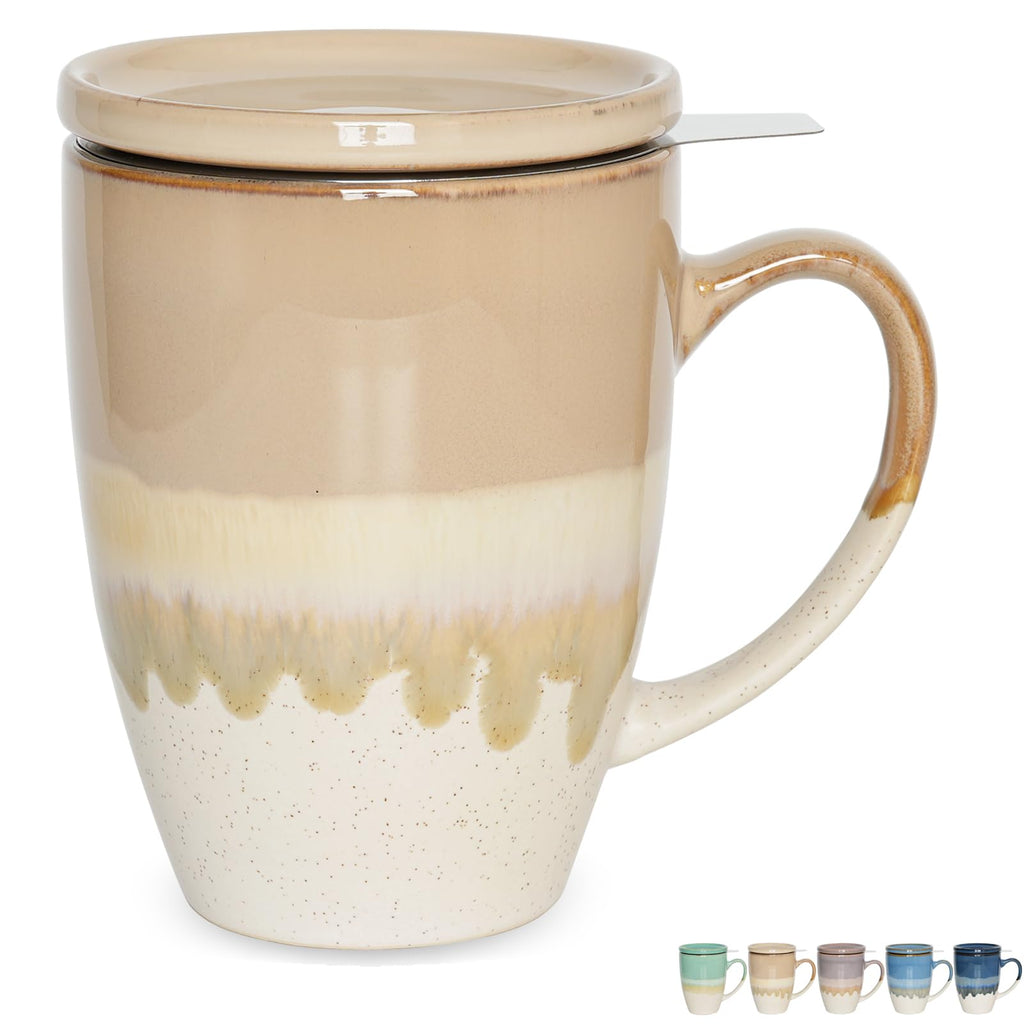 Bosmarlin Ceramic Tea Cup with Infuser and Lid 13.5 Oz 5 Colors to Choose Dishwasher and Microwave Safe Steeping Tea Mug with Strainer Reactive Glaze (Brown Grey)