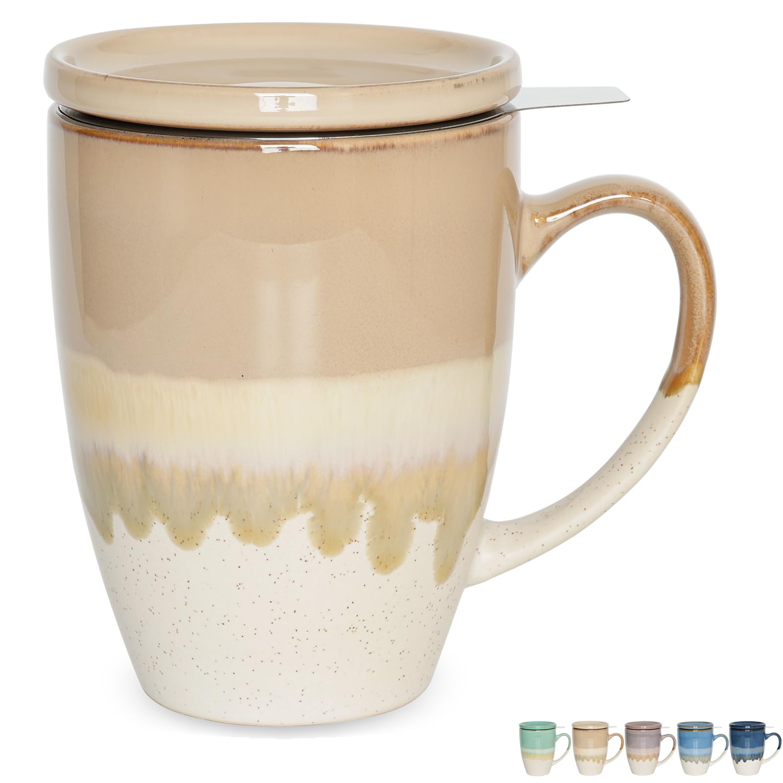 Bosmarlin Ceramic Tea Cup with Infuser and Lid 13.5 Oz 5 Colors to Choose Dishwasher and Microwave Safe Steeping Tea Mug with Strainer Reactive Glaze (Brown Grey)