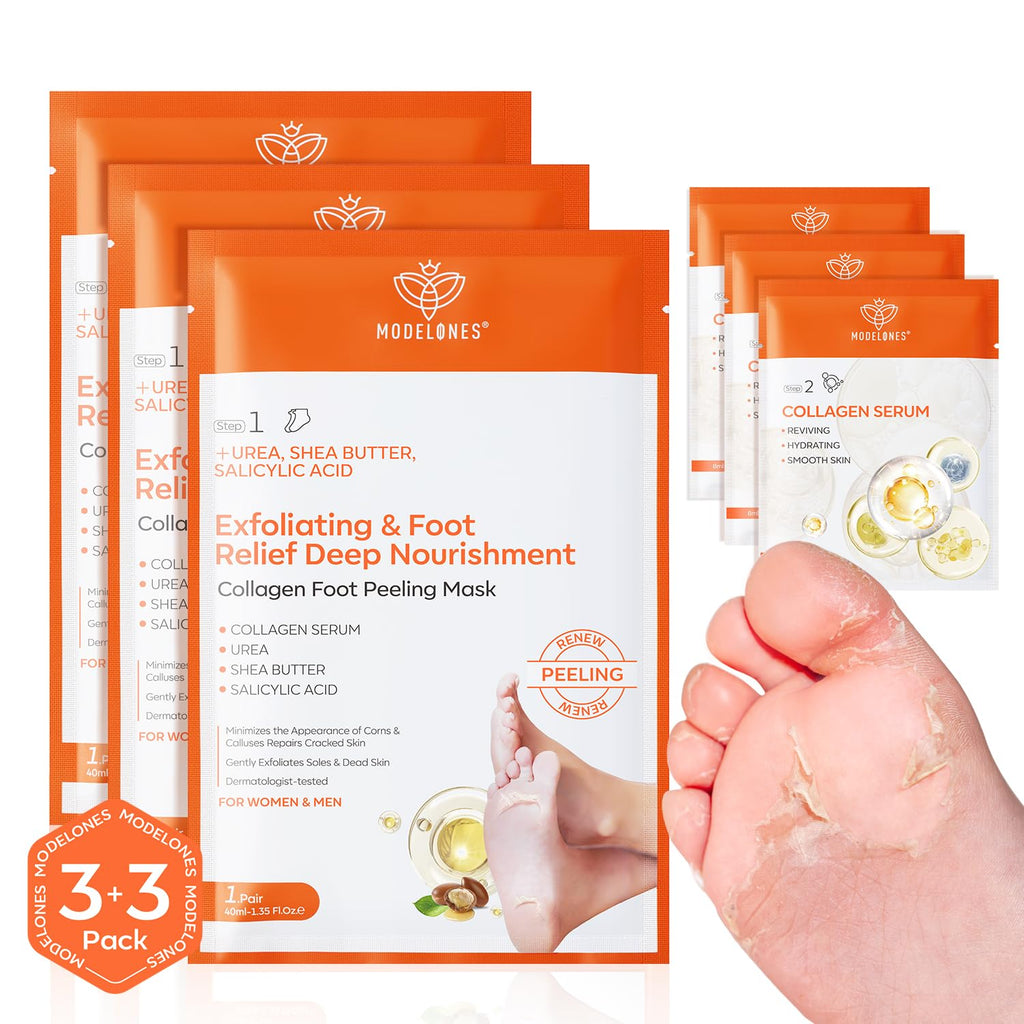 Modelones Foot Peeling Mask 3 Pack Exfoliating Foot Mask for Dry Cracked Feet Callus Dead Skin Remover for Feet Additional 3 Pack Collagen Serum for Reviving Baby Soft Smooth Feet Women and Man