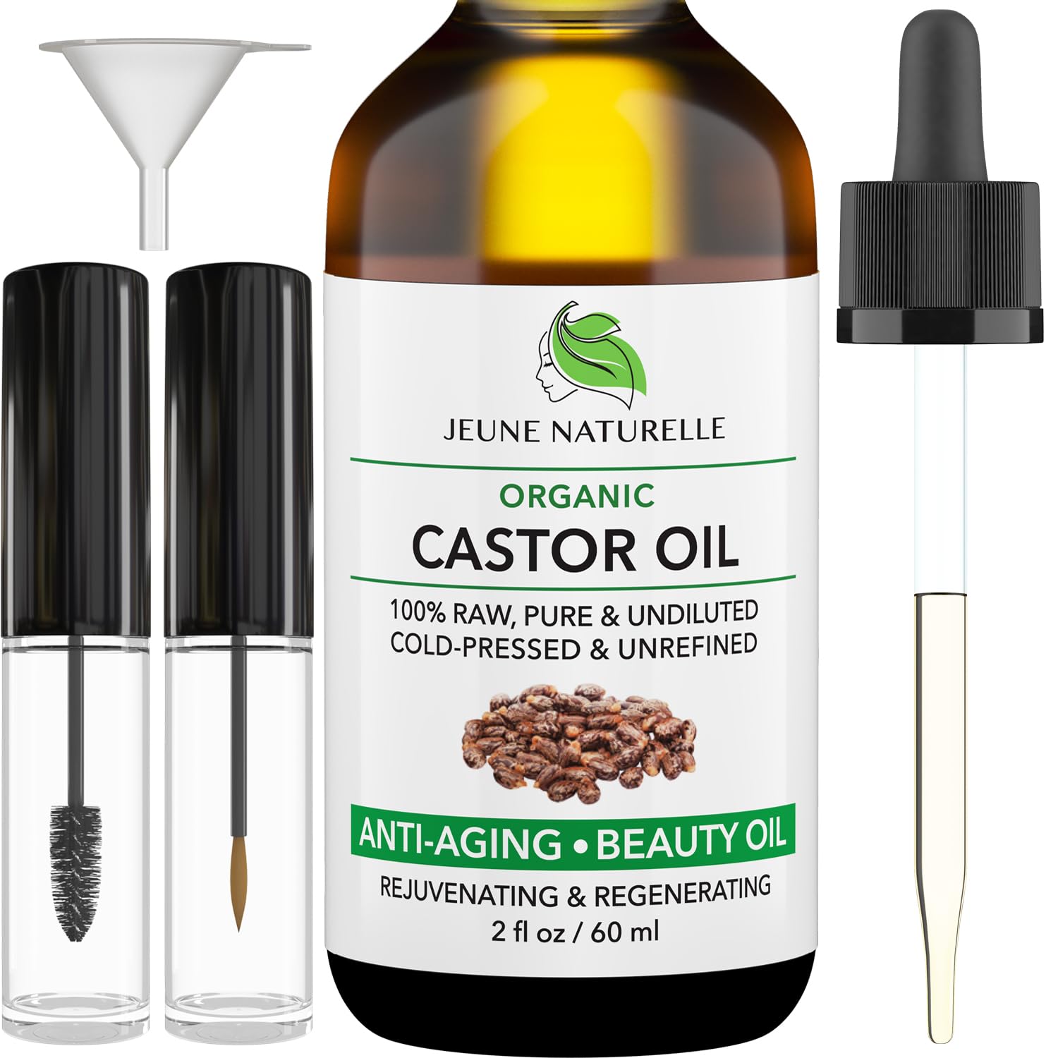 Jeune Naturelle Castor Oil Organic Cold Pressed Unrefined - 100% Pure Raw Virgin Undiluted for Hair Growth for Face Eyelashes Eyebrows Hexane Free Organic Castor Oil for Hair 2 oz