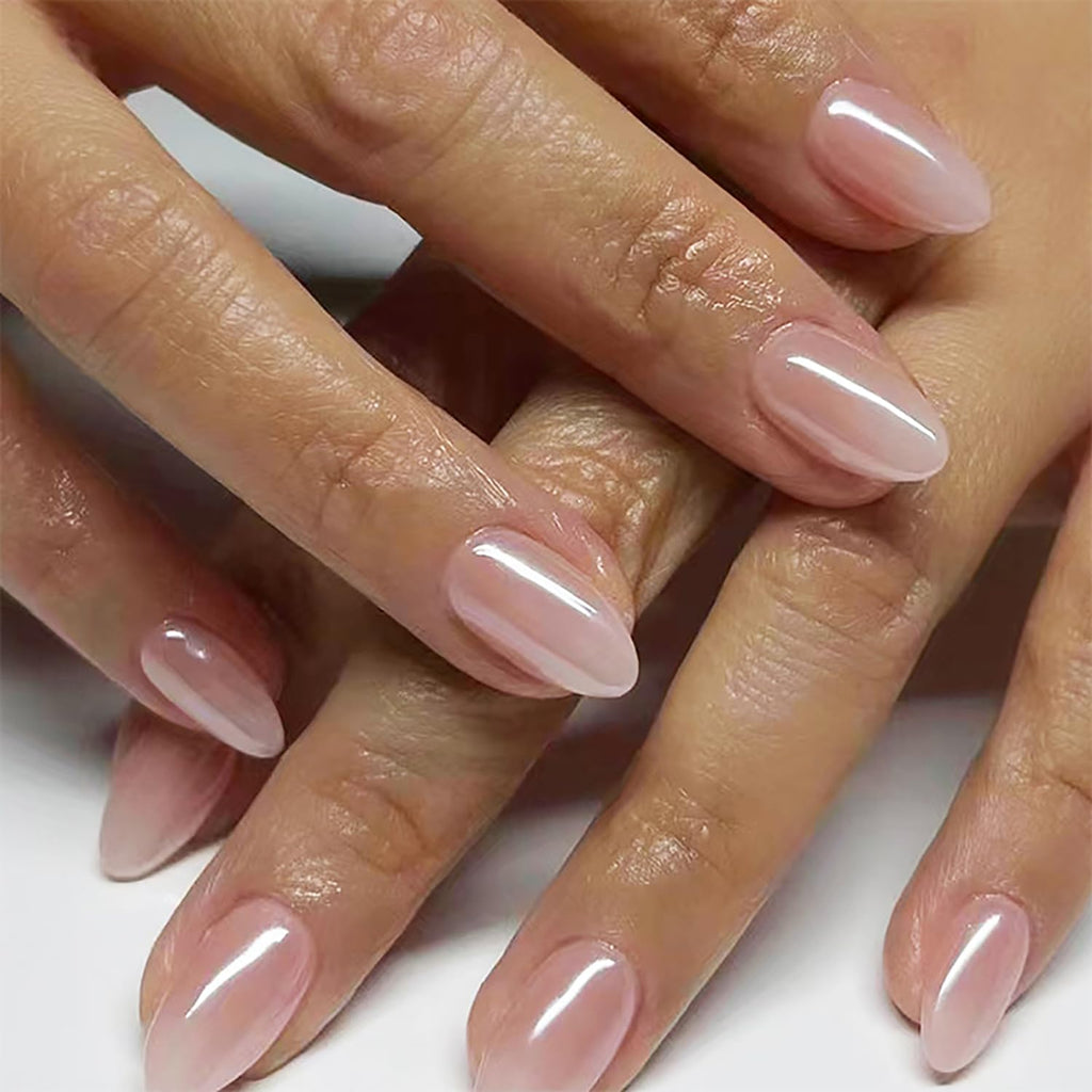 30pcs Almond Press on Nails Short Nude Gradient Fake Nails Light Pink False Nails with Design Glossy Stick on Nails Full Cover Artificial Nails for Women Girls