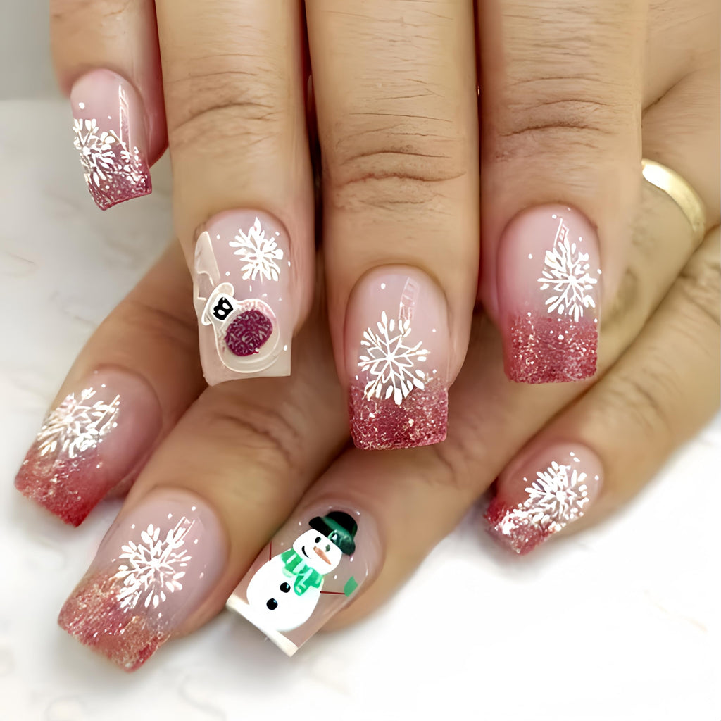 Christmas Elk Snowflake Press on Nails Medium Square Fake Nails Rose Gold Glitter Gradient French Glue on Nails Sparkly Reindeer Snowmen Stick on Nails Acrylic Nails for Women Winter Nail Art24Pcs