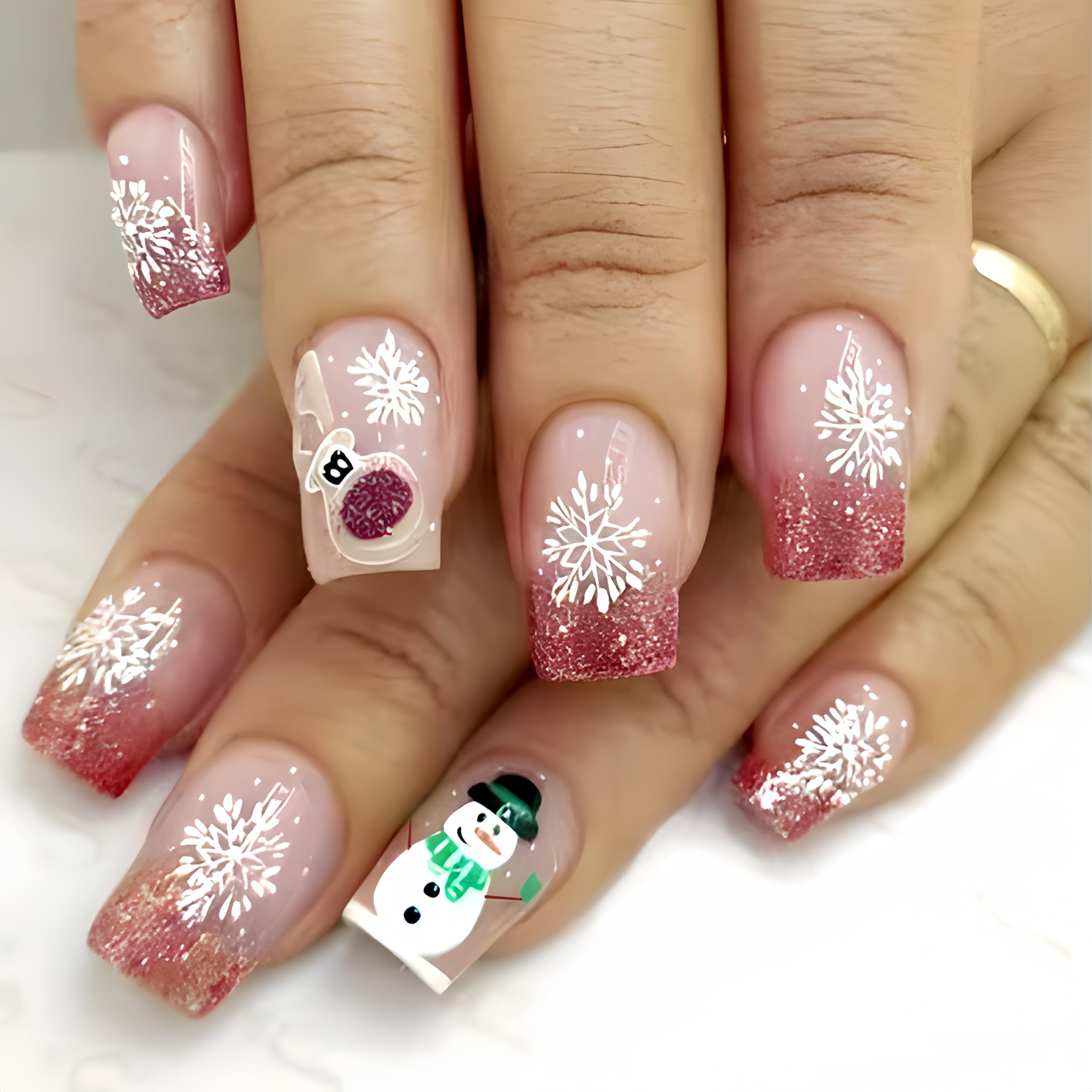 Christmas Elk Snowflake Press on Nails Medium Square Fake Nails Rose Gold Glitter Gradient French Glue on Nails Sparkly Reindeer Snowmen Stick on Nails Acrylic Nails for Women Winter Nail Art24Pcs