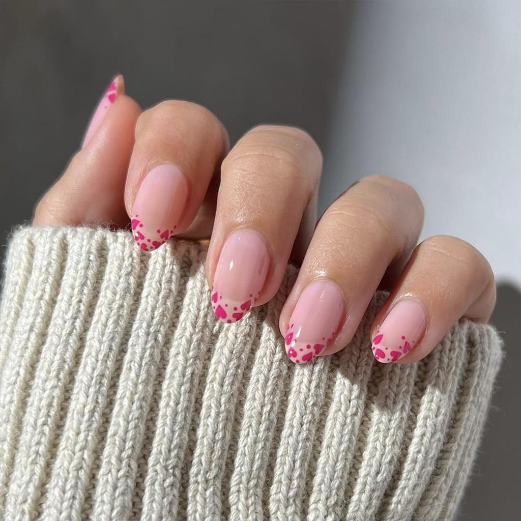 24Pcs Valentine Press on Nails Medium Almond Fake Nails French Heart Tip False Nails Full Cover Stick on Nails Heart Tip Fake Nails Valentine Glue on Nails for Women Manicure Kit
